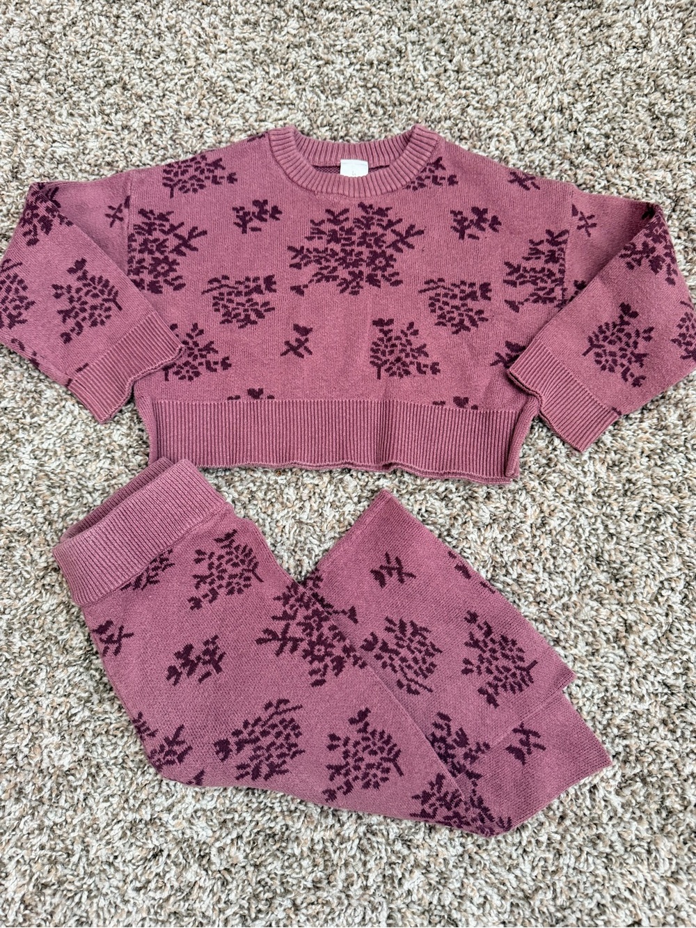 Cropped Floral Knit Crewneck Sweater in Rose - Women